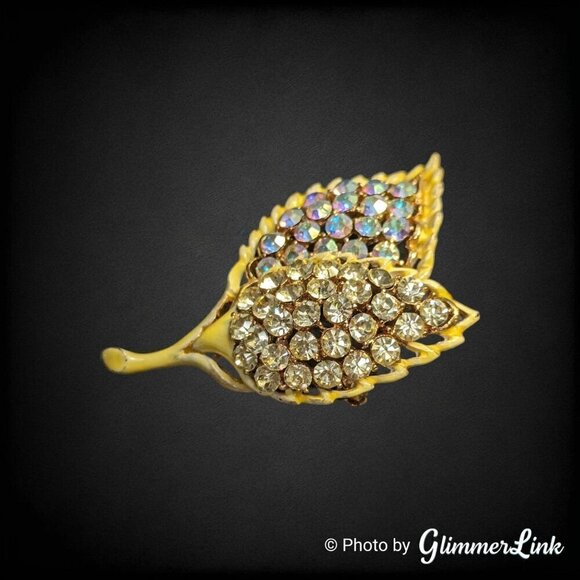 Vintage Aurora Borealis & Light Yellow Rhinestone Enamel Leaves Gold Tone Brooch - Picture 2 of 8